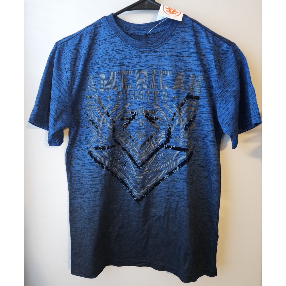 NEW American Fighter Youth M Blue‎ Graphic Tee Raised Flocked Design